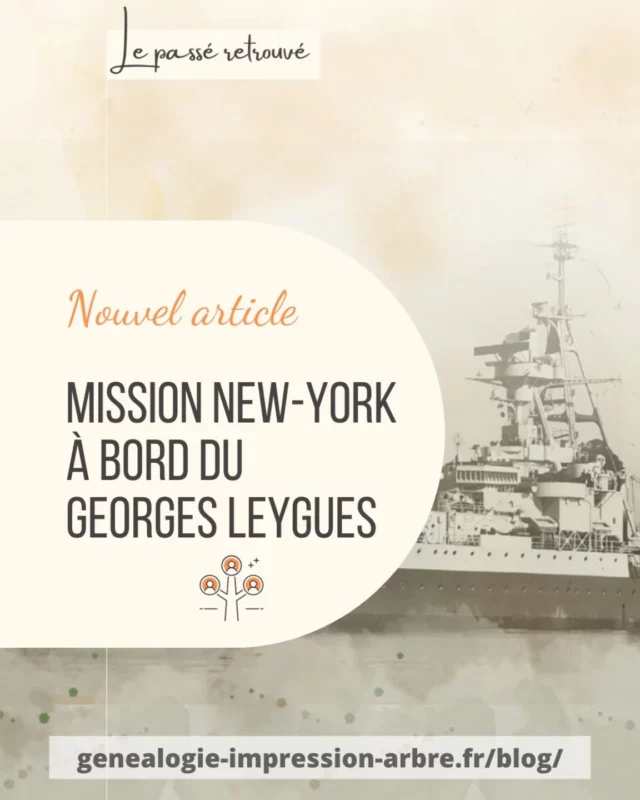 🔎 Plongée dans l'histoire navale française à bord du Georges Leygues et sa mission secrète à destination de New York en 1947 ! 

Dans mon dernier article, je vous emmène à la découverte d'un épisode méconnu, entre archives, récit familial et traces laissées par l'équipage.

Riche témoignage laissé par mon grand-père de son vivant, c'est une plongée dans l'histoire où la généalogie familiale et la grande Histoire se croisent !

📖 À lire sur le blog 👉 https://genealogie-impression-arbre.fr/georges-leygues-mission-new-york-1947

Lien dans la bio et en Story 🔼

#Généalogie #GénéalogieFamiliale
#HistoireNavale #GeorgesLeygues #MarineNationale #MissionNewYork #Archives #PassionHistoire #Histoire #SecretsdHistoire